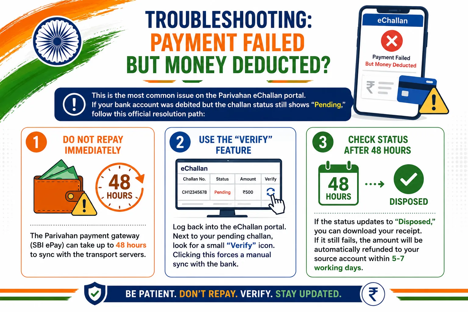 Troubleshooting guide for fixing pending e-challan payment verification and settlement issues on Parivahan