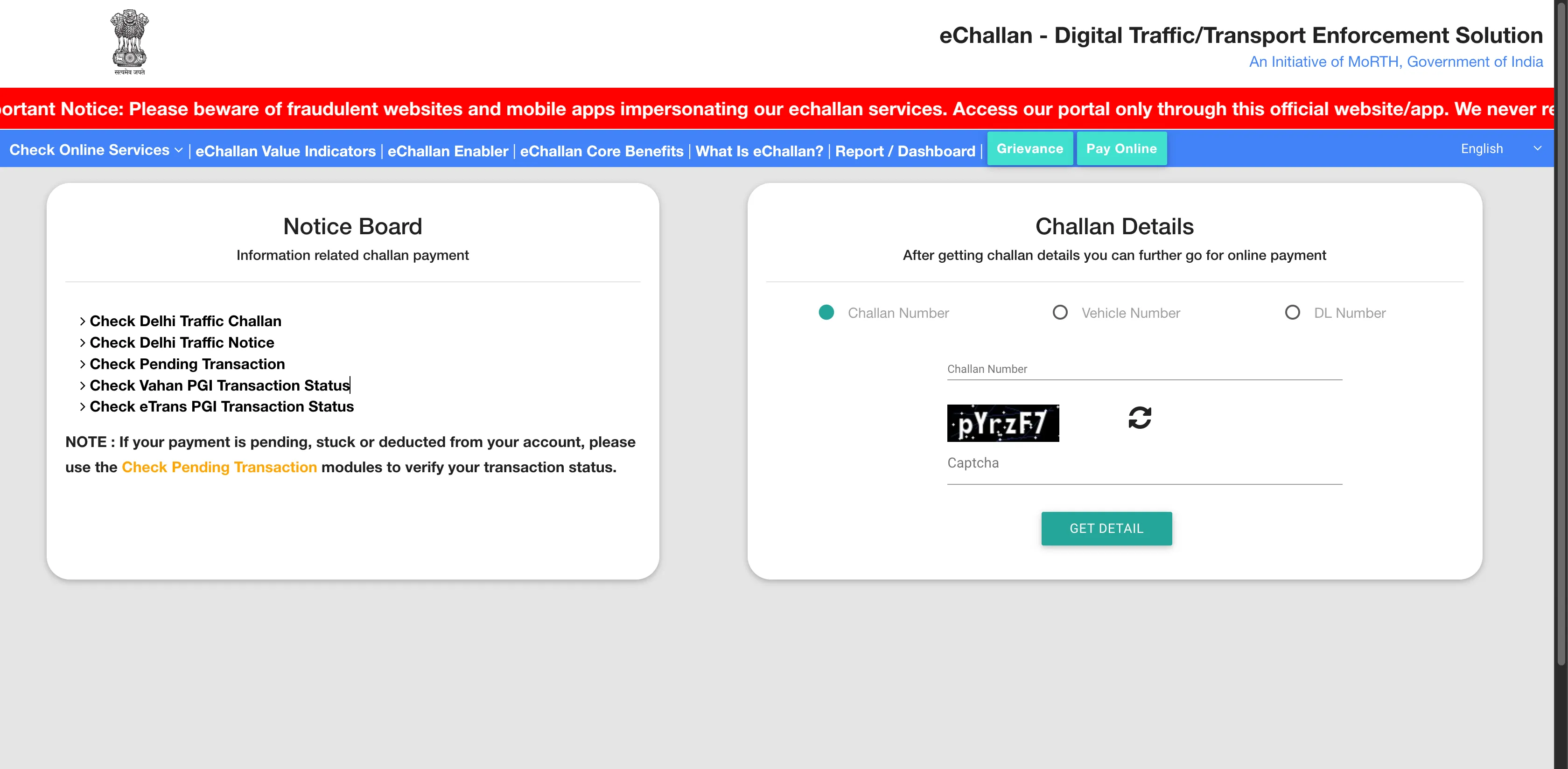 Step-by-step visual guide to checking traffic police e-challan status online on the official Parivahan portal
