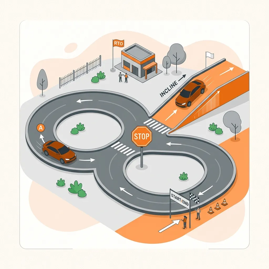 Car navigating an 8-shaped RTO driving test track with stop sign and incline