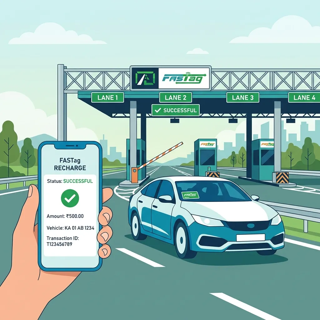 FASTag recharge online on mobile phone at a toll plaza