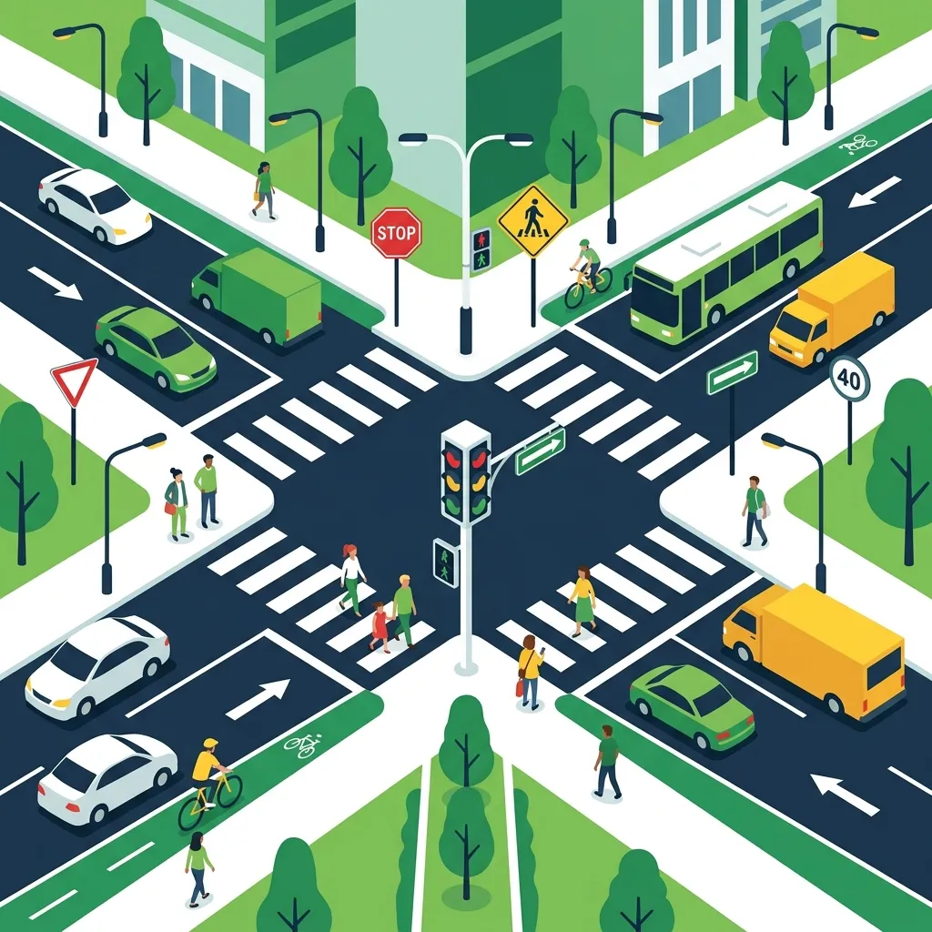 Road safety illustration with traffic lights and pedestrian crossing